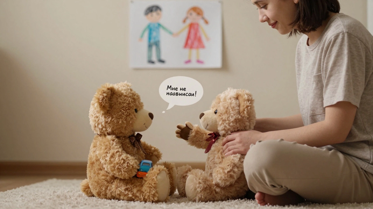 Родитель играет с двумя плюшевыми мишками, один из них говорит 'Мне не нравится!'