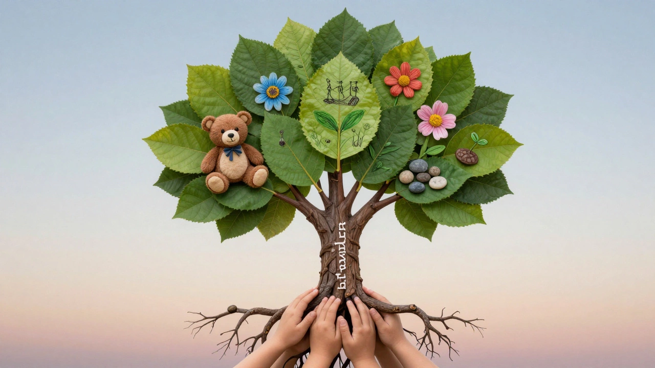 Дерево с листьями-рисунками детей, корни из рук, символизирующее живую традицию в детском саду.