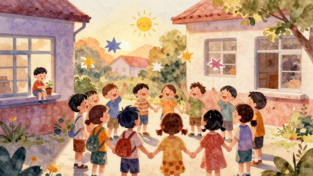 Дети держатся за руки и поют под закатом, выпуская бумажные солнышки в воздух перед уходом домой.