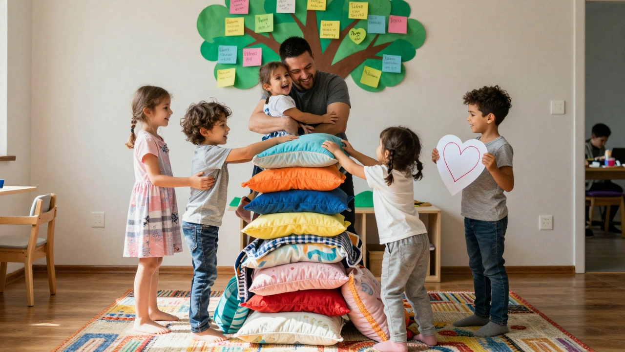Дети и родители вместе строят башню из подушек, рядом висит дерево благодарности с рисунками.