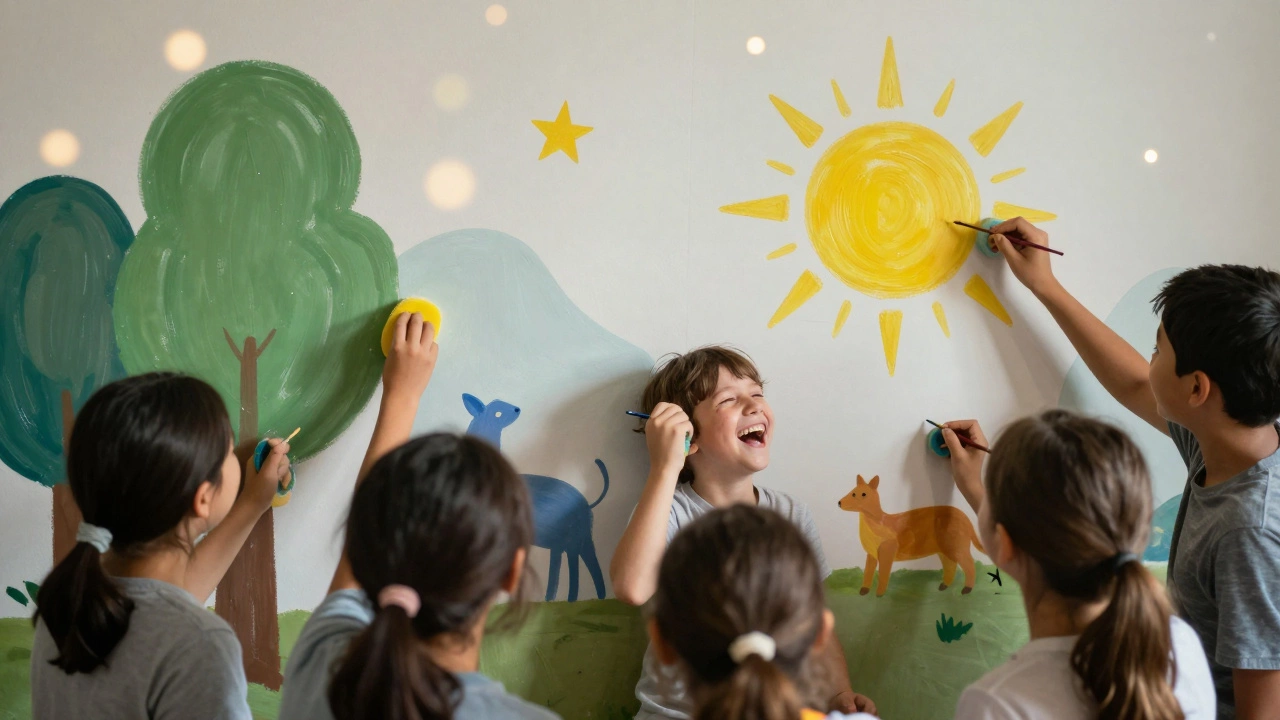 Дети вместе рисуют большую настенную картину, улыбаются и делятся кистями.