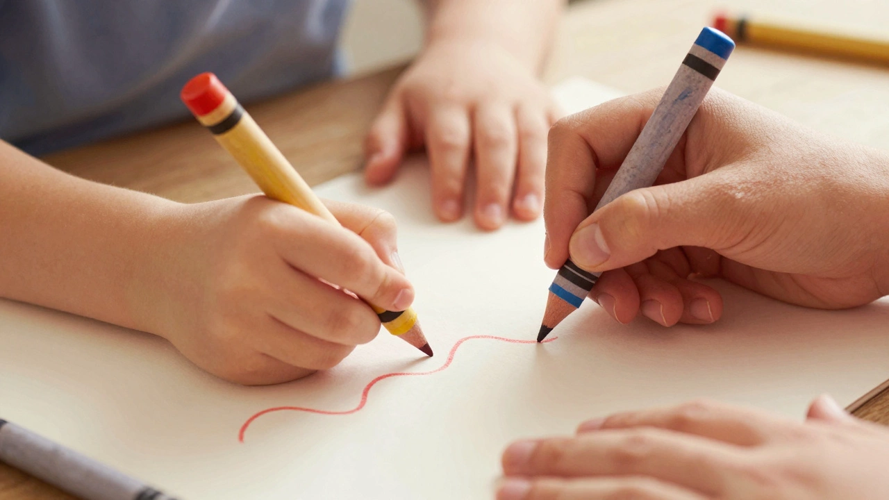 Две руки — взрослой и ребёнка — вместе держат кусочек воскового мелка, рисуя на бумаге.