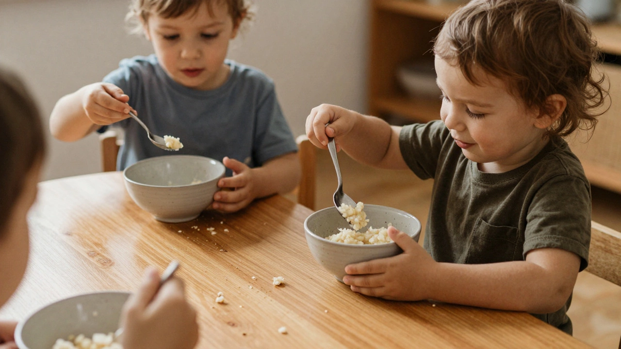 Двухлетние дети едят завтрак самостоятельно, держа ложки, крошки на столе, тёплый свет.