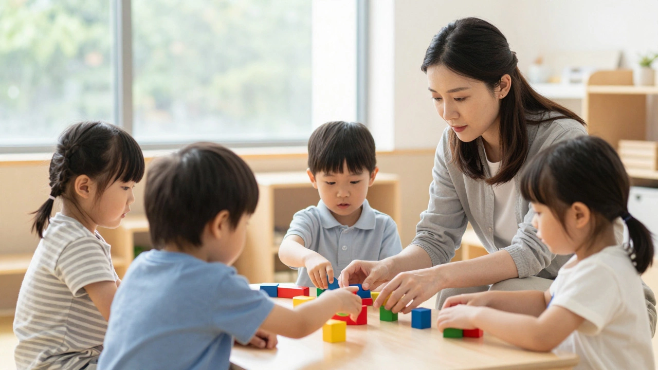 Группа маленьких детей играет с блоками под наблюдением спокойного воспитателя.