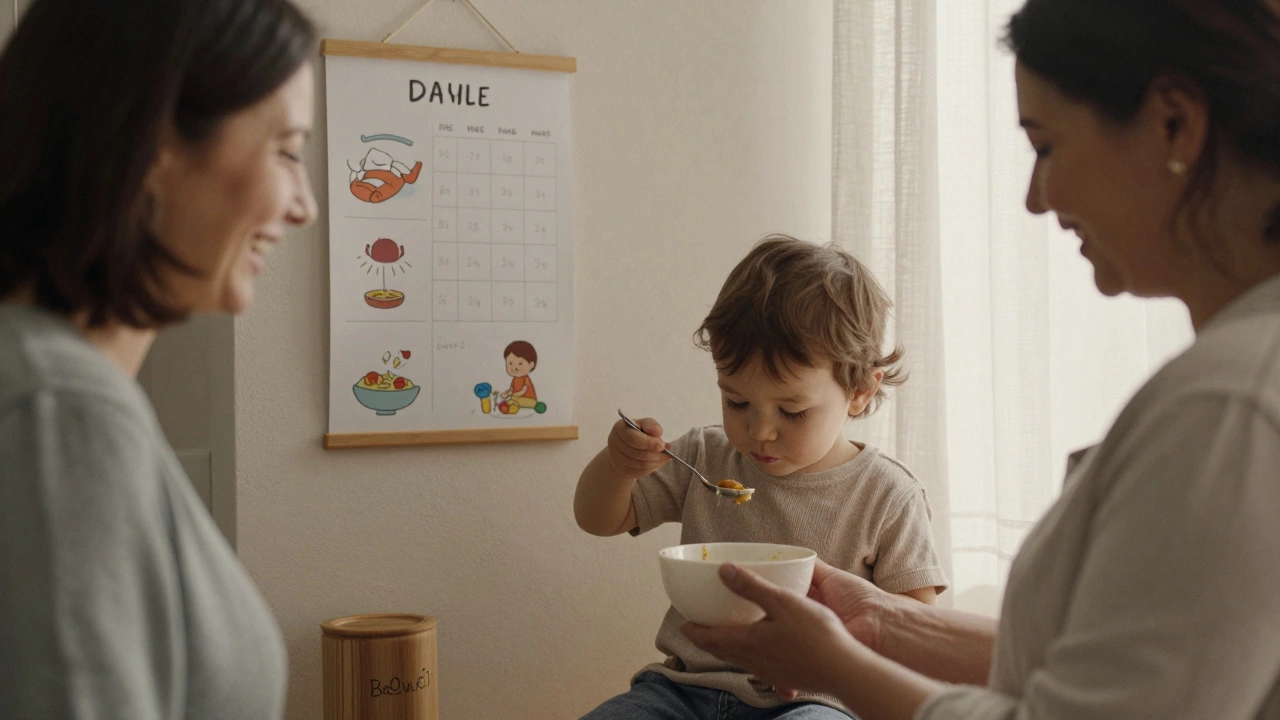 Малыш ест ложкой в домашней обстановке, рядом — бабушка с улыбкой.