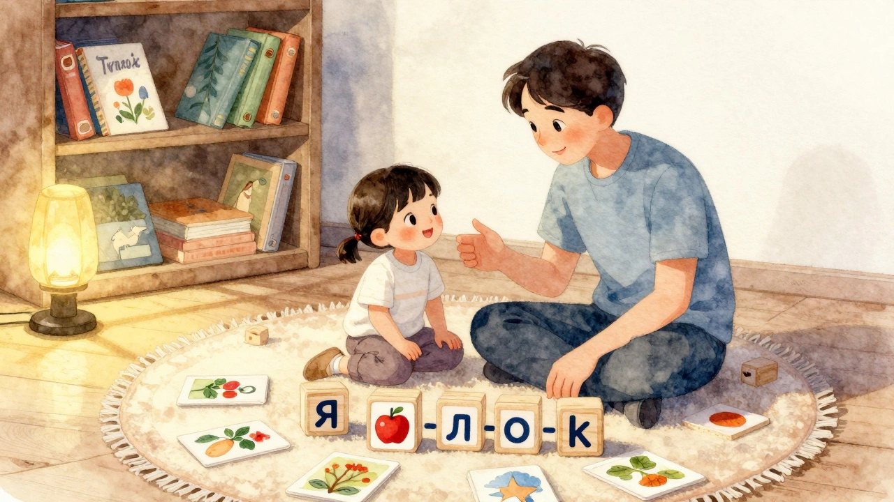 Ребёнок с буквенными кубиками и картинкой яблока, изучает звуки слова.