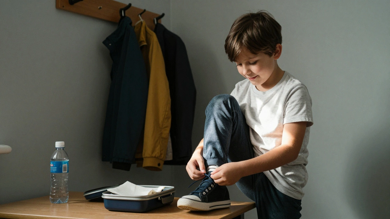 Ребёнок самостоятельно завязывает шнурки в классе.