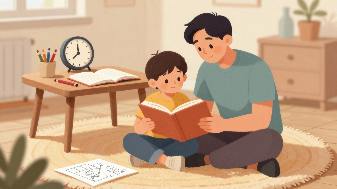 Ребёнок сидит на ковре рядом с родителем, который читает книгу, рядом лежат тетради и раскрашенные рисунки.