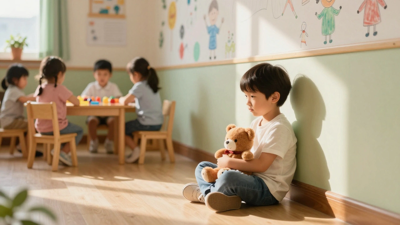 Ребёнок сидит в углу группы, смотрит на других детей, держит мягкую игрушку.