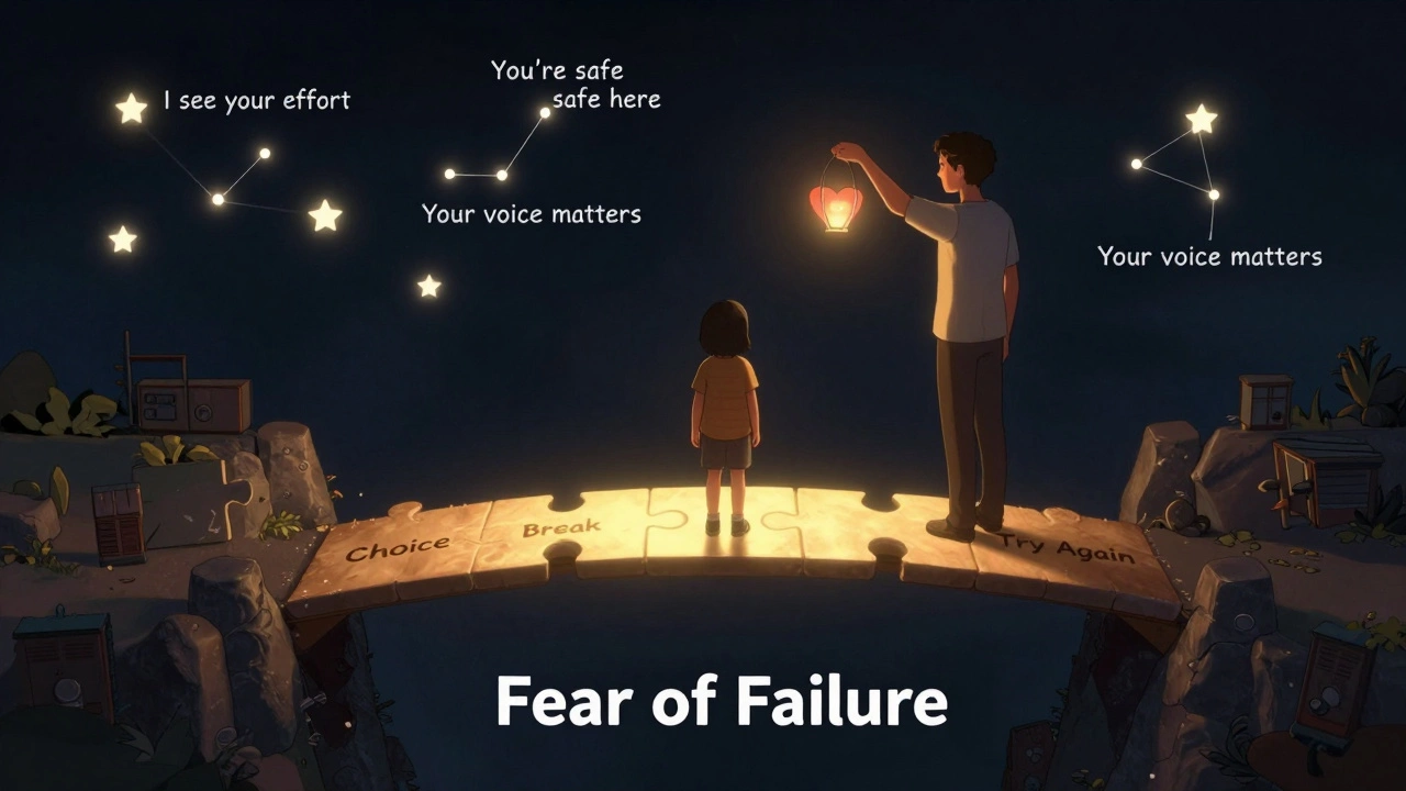 Ребёнок стоит на светлом мосту, родитель держит светильник в форме сердца, за спиной — тёмная пропасть.