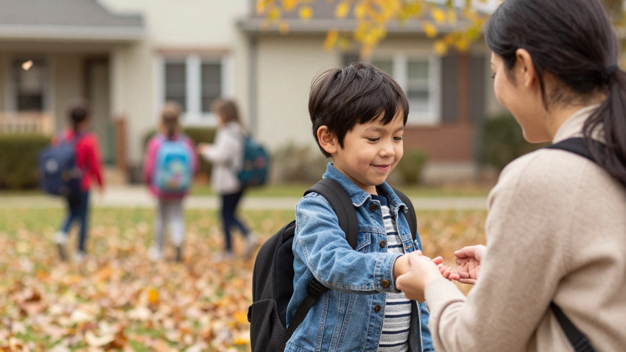 Ребёнок улыбается, тянется к руке родителя у входа в детский сад, осенью.
