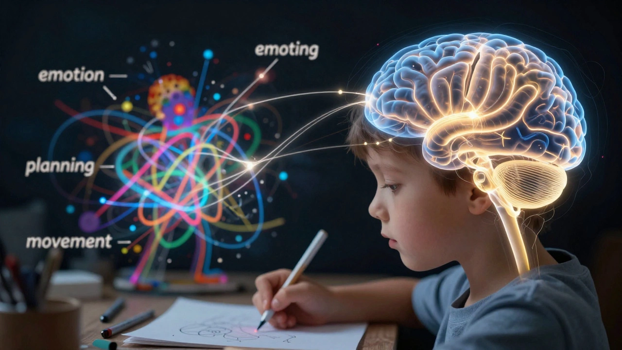 Схема работы мозга ребёнка во время рисования: активируются зоны восприятия, эмоций и планирования.