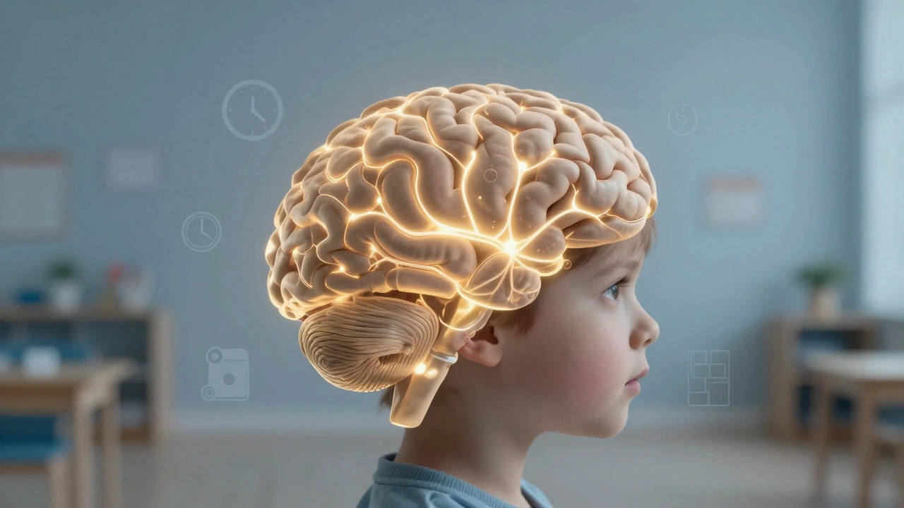 Схематичное изображение мозга ребёнка с активированными нейронными связями, связанными с адаптацией.