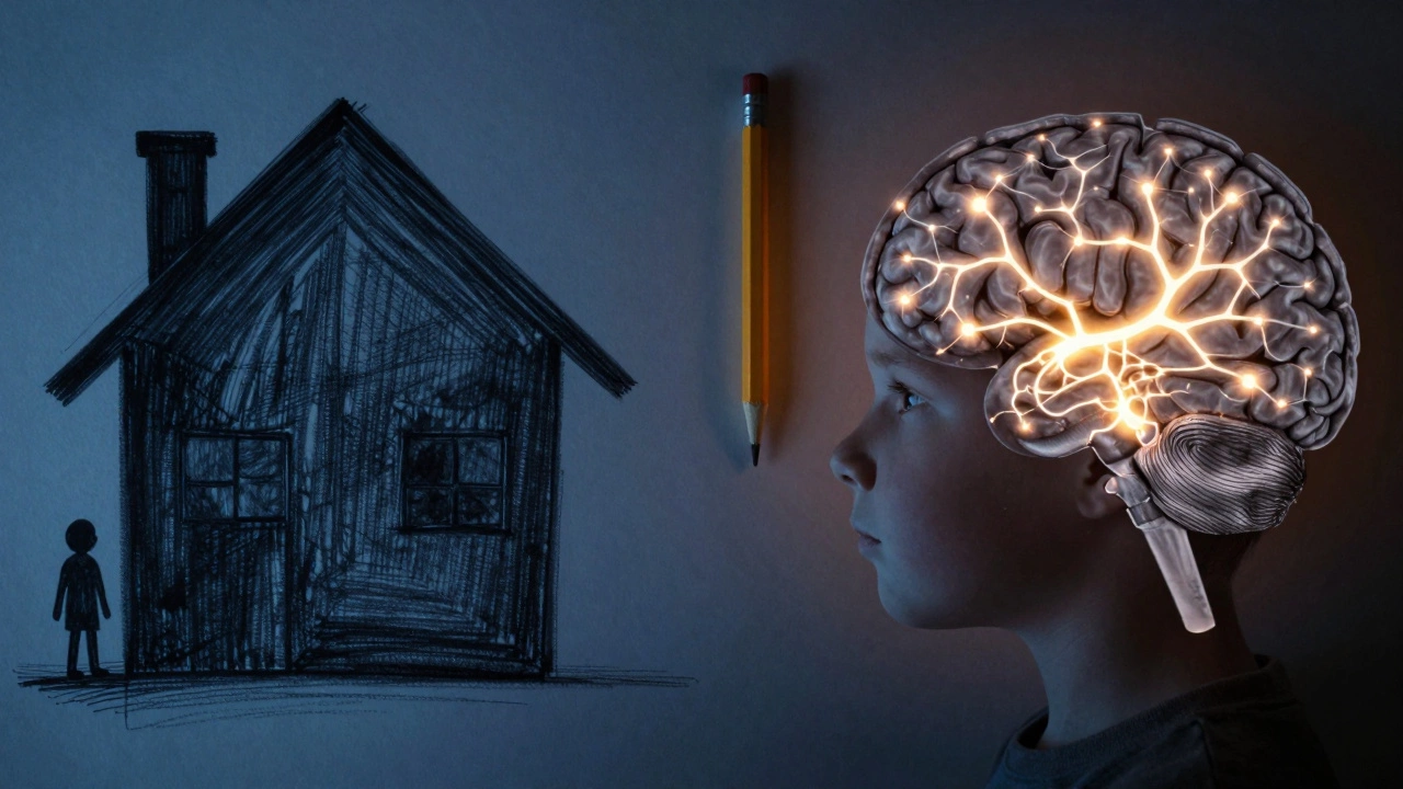 Слева — рисунок тёмного дома, справа — нейронные связи в мозге, между ними — карандаш, символизирующий связь эмоций и мышления.