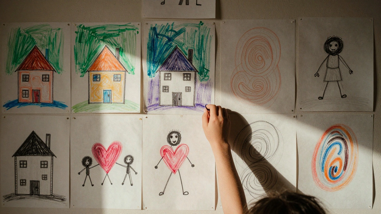 Стена, покрытая детскими рисунками, с мягким светом, падающим на бумагу и восковые мазки.