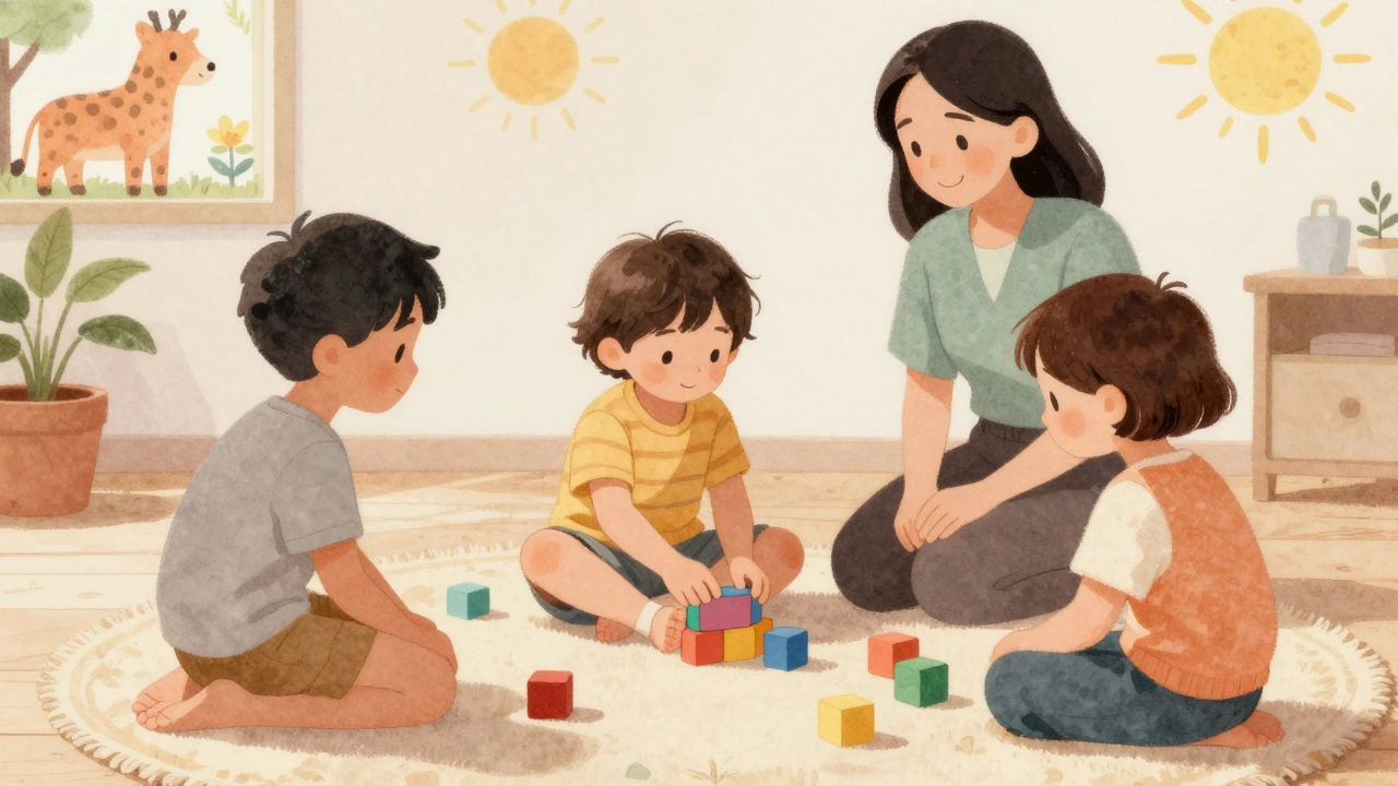 Трёхлетний ребёнок играет с друзьями, спокойно делясь блоками в группе детского сада.