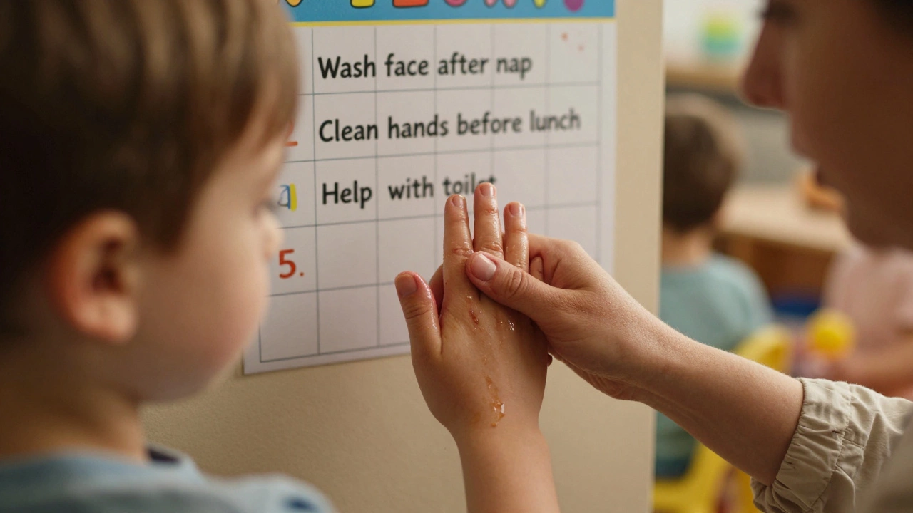 Близкий план рук ребёнка, которые воспитатель моет после еды, на фоне чек-листа гигиенических правил.