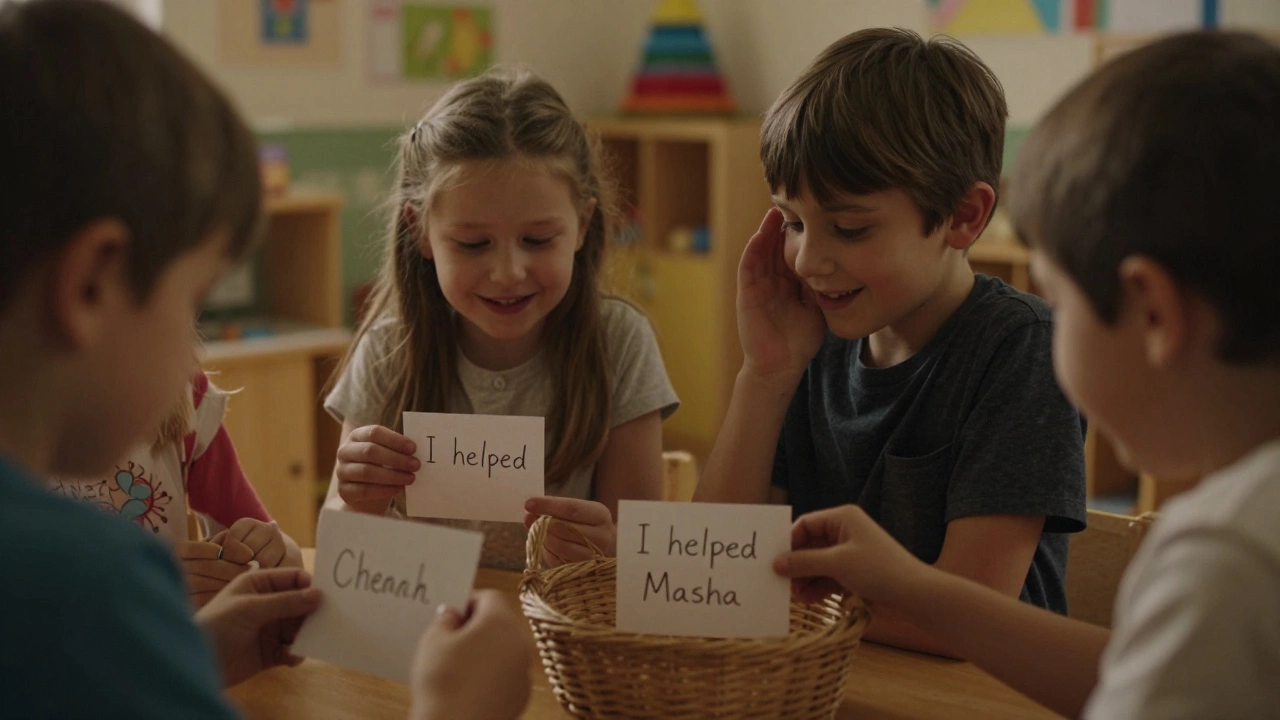 Дети кладут бумажные записки с именами в корзину, выражая благодарность друг другу.