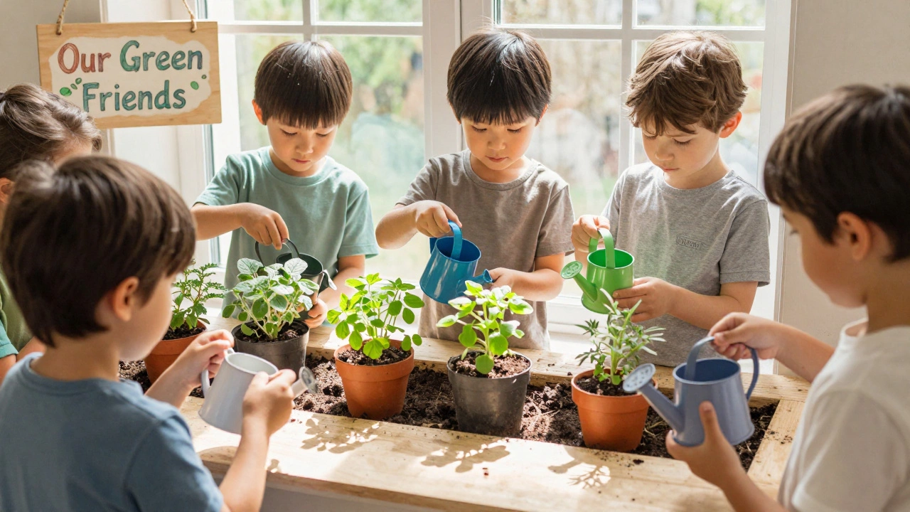 Дети поливают маленькие растения на подоконнике, каждый с своим горшочком и лейкой.