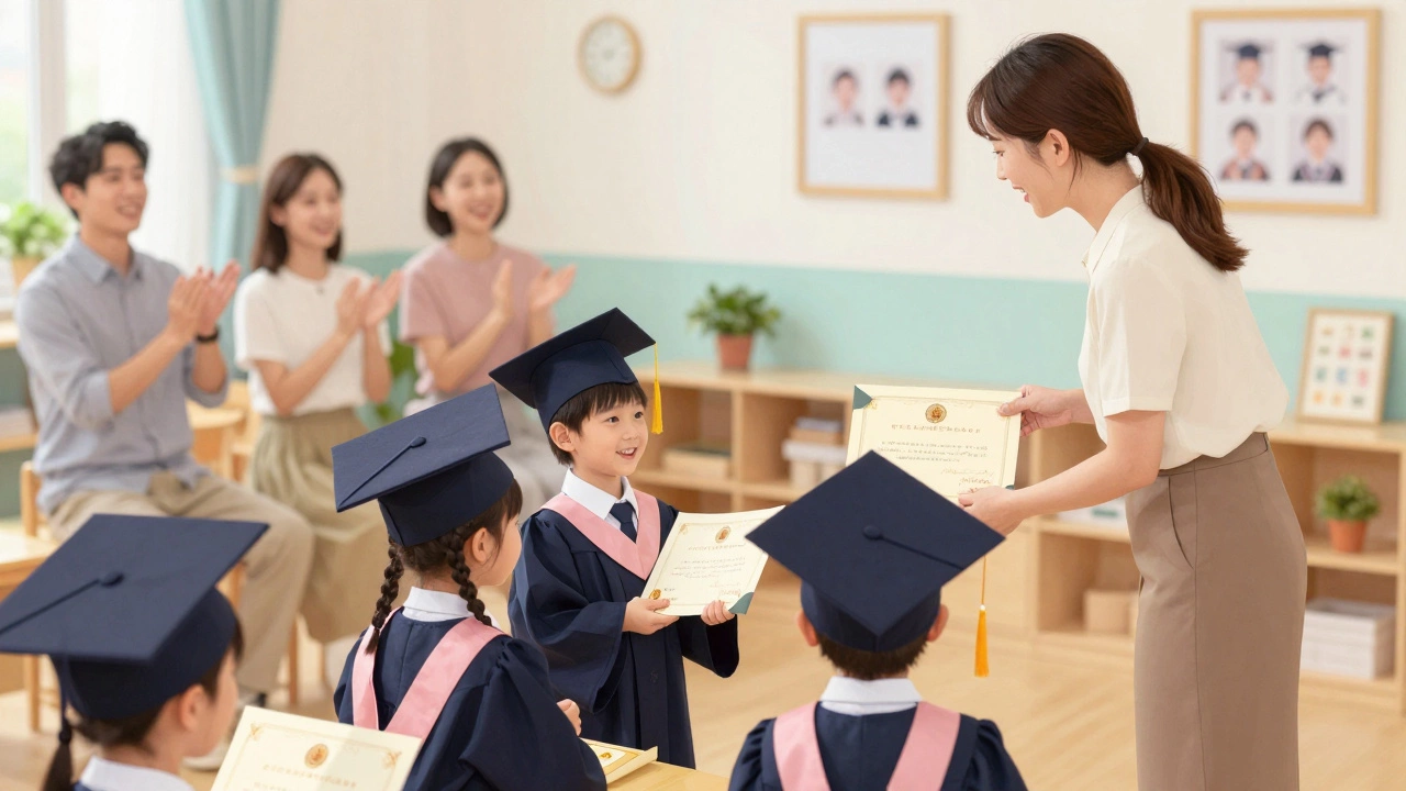 Дети получают сертификаты на выпускном в детском саду, родители аплодируют.