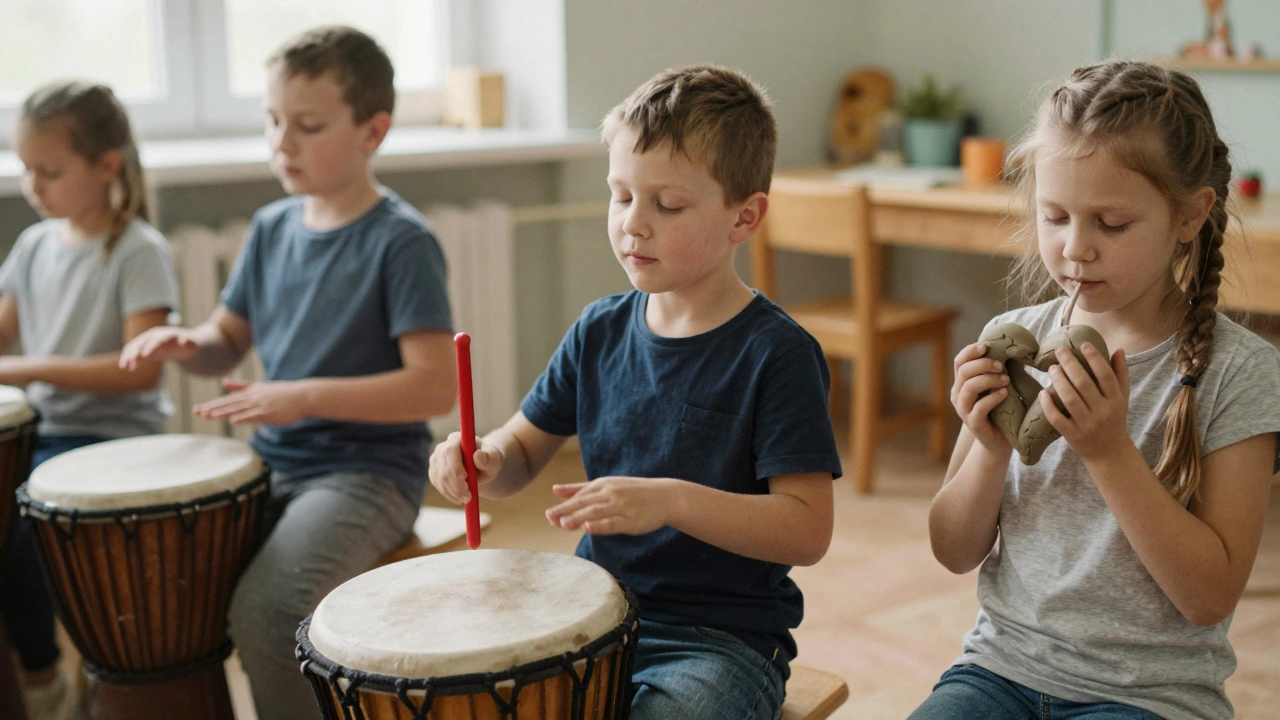 Дети в детском саду играют на кастрюлях и лепят из пластилина, выражая эмоции через звук и форму.