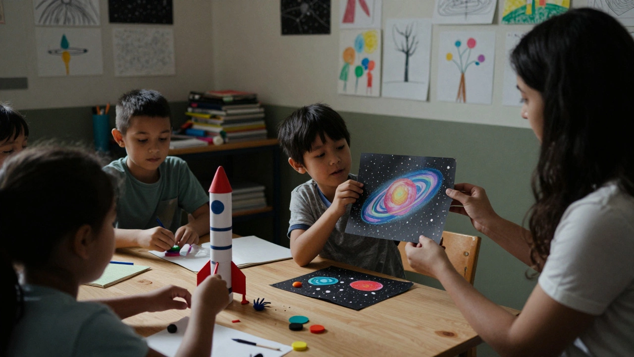 Дети в кружке представляют свои поделки, созданные из переработанных материалов.