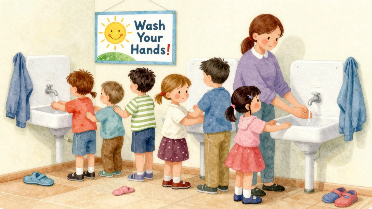 Дети в очереди моют руки в детском саду, воспитатель мягко направляет одного ребёнка.