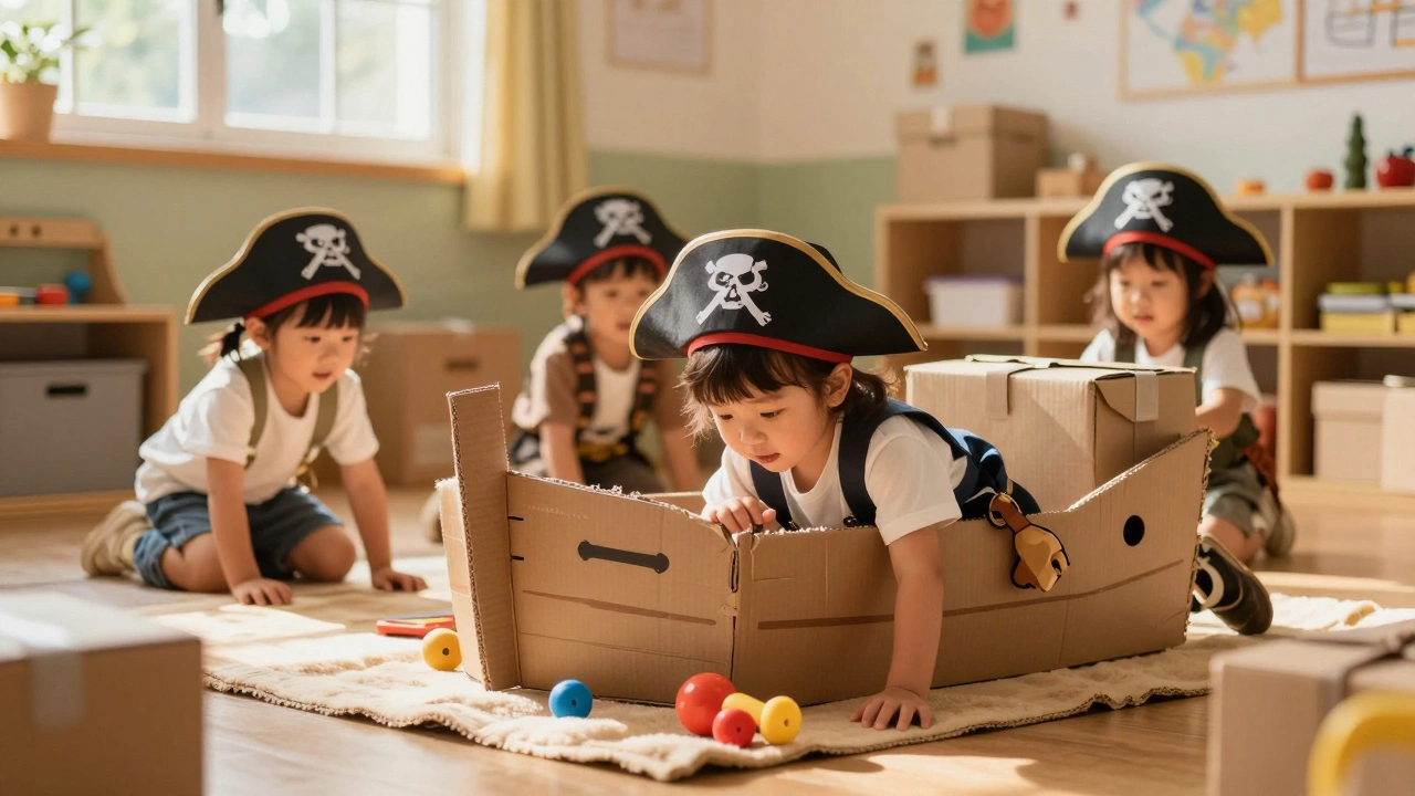Дети в пиратских шляпах ищут сокровища в картонном корабле.