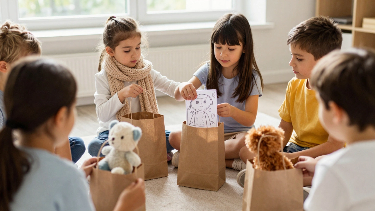 Дети вместе упаковывают подарки для кого-то нуждающегося — книгу, игрушку, рисунок — с тихой радостью.