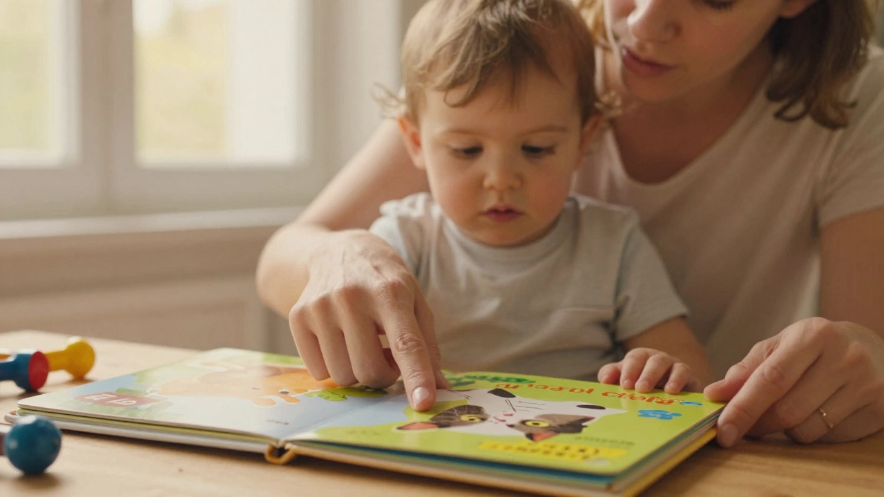 Мама пытается показать ребенку картинку в книге, но он отводит взгляд.