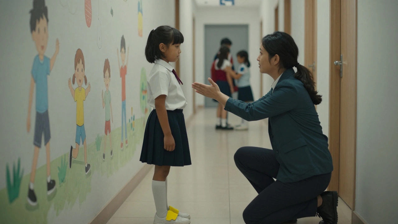 Ребёнок делает глубокий вдох в коридоре школы, учитель рядом с ним.