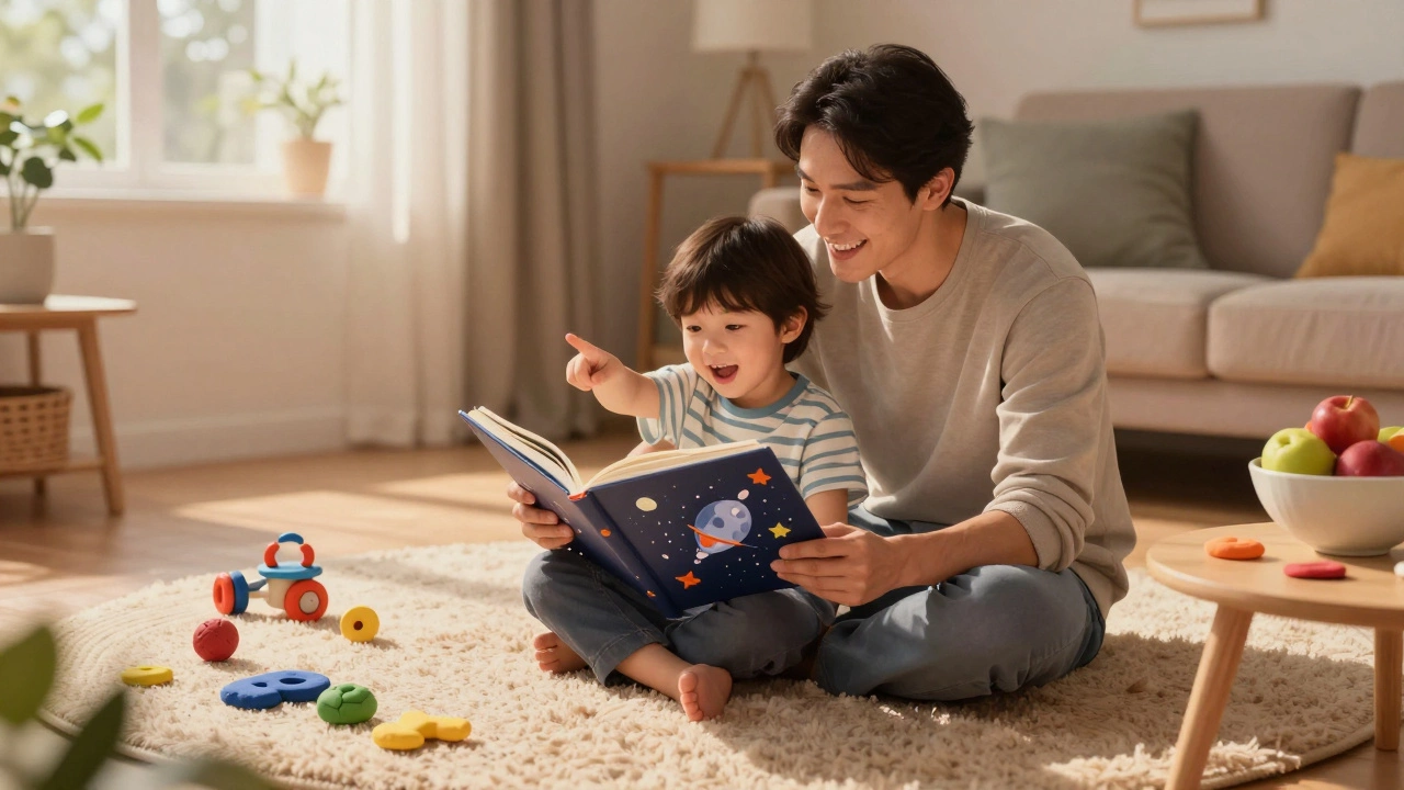 Ребёнок и родитель вместе читают книгу о космосе на полу.