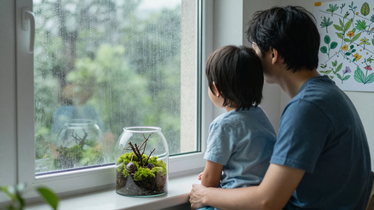 Ребёнок и взрослый наблюдают за каплями дождя на стекле, рядом — миниатюрный террариум с мхом и улиткой.
