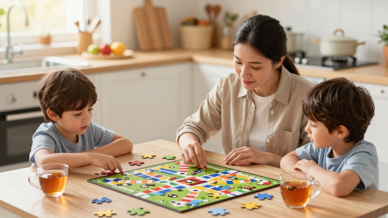 Ребёнок играет в настольную игру с взрослым и другим ребёнком, учится ждать своей очереди и управлять эмоциями.