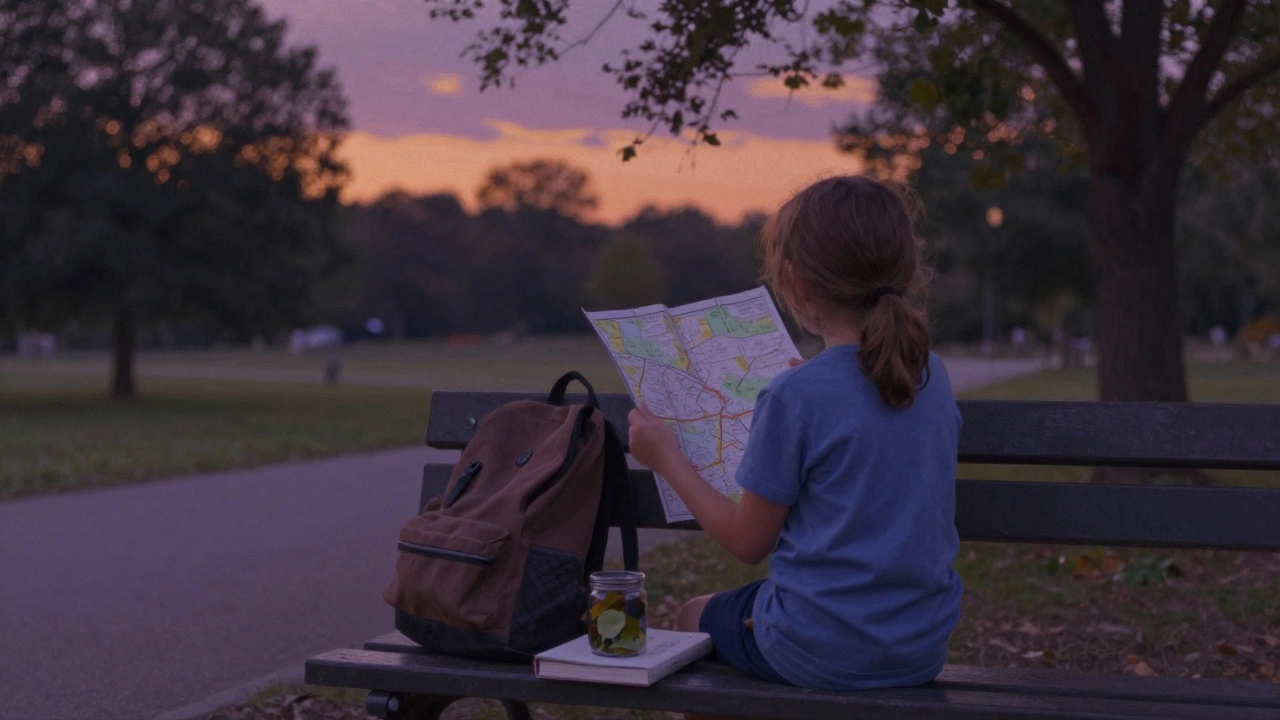 Ребёнок с картой и листьями стоит на скамейке в парке на закате.