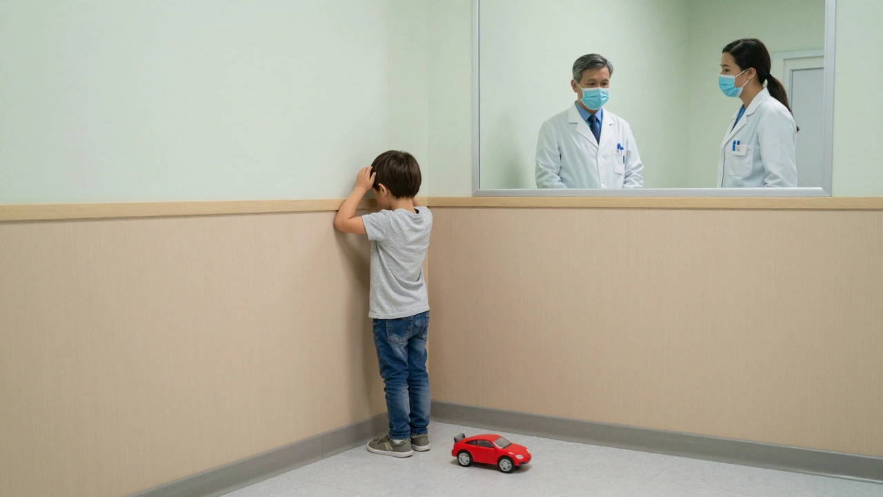 Ребенок стучит головой о стену, а специалисты наблюдают за ним через зеркало.