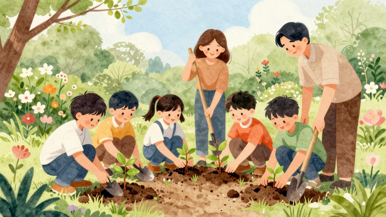 Родители и дети вместе сажают деревья весной в детском саду, земля и лопаты в руках.