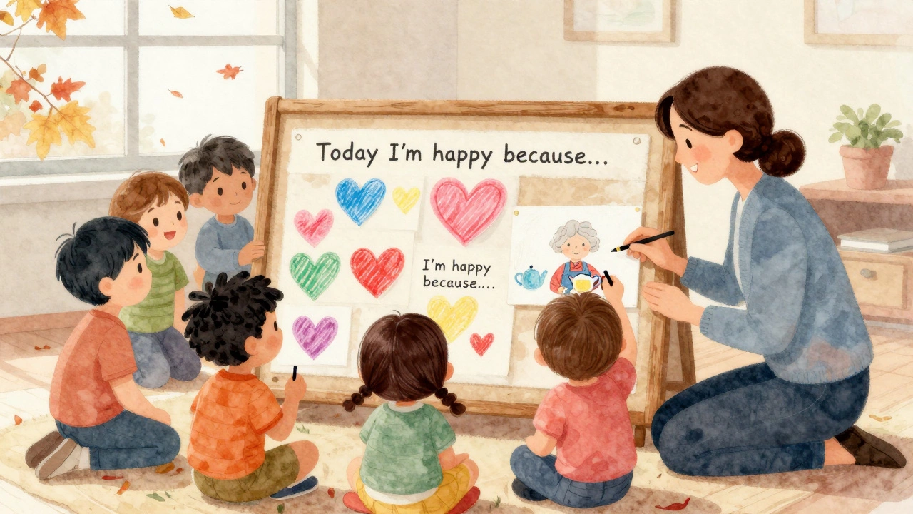 Дети прикрепляют рисунки к доске с надписью 'Сегодня я рад, потому что...'