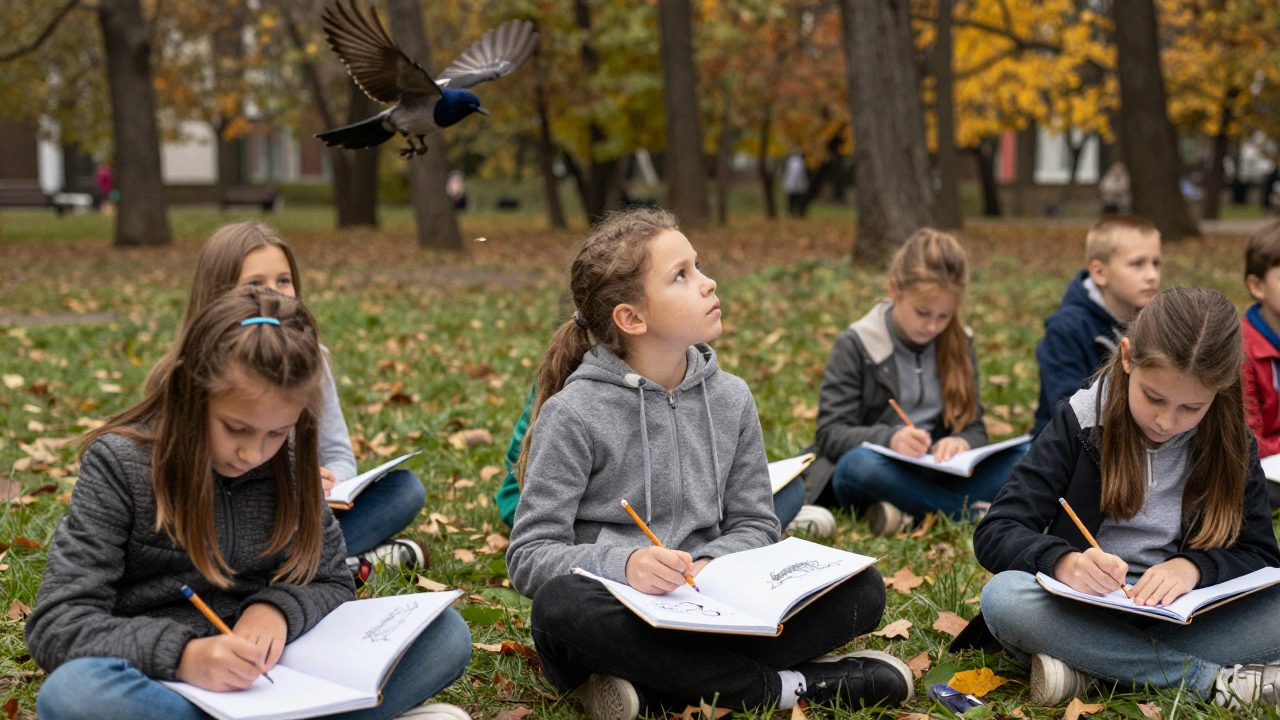 Дети рисуют муравейник и падающий лист в парке, сидят на траве с блокнотами и карандашами.