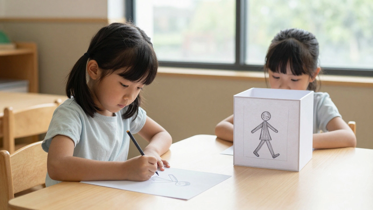 Девочка рисует себя в коробке, а затем выходит из неё — тихий момент самовыражения.