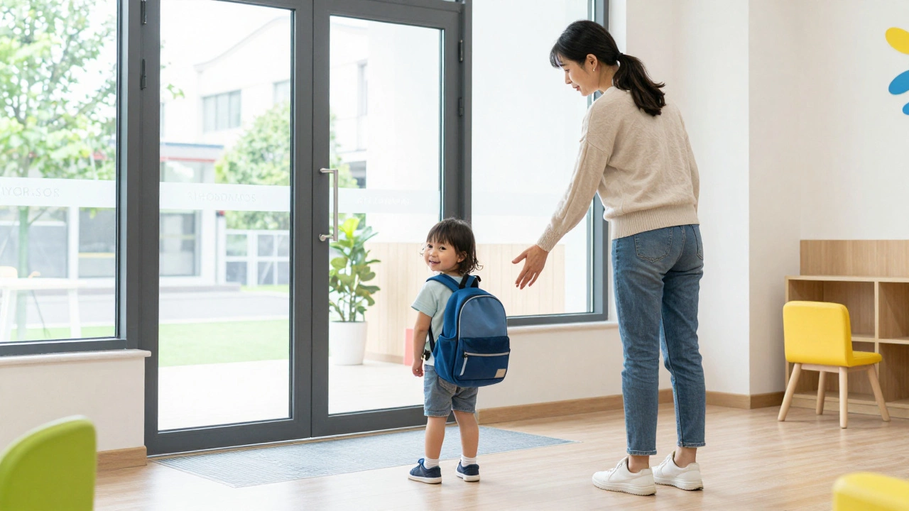 Мама прощается с ребенком у входа в детский сад, не оглядываясь, в светлом современном интерьере.