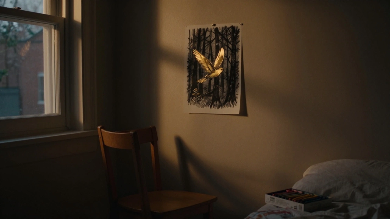 На стене — рисунок птицы над темным лесом, рядом пустой стул и коробка с карандашами.
