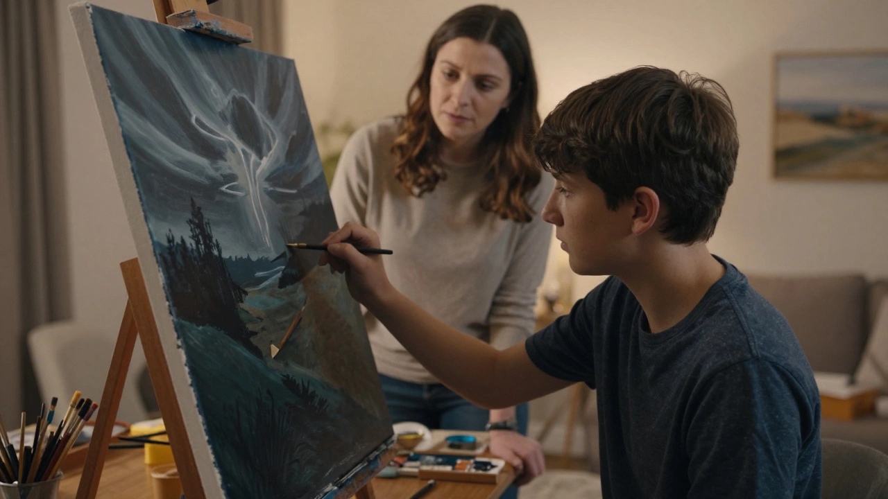 Подросток рисует мрачный пейзаж, родитель наблюдает с поддержкой.