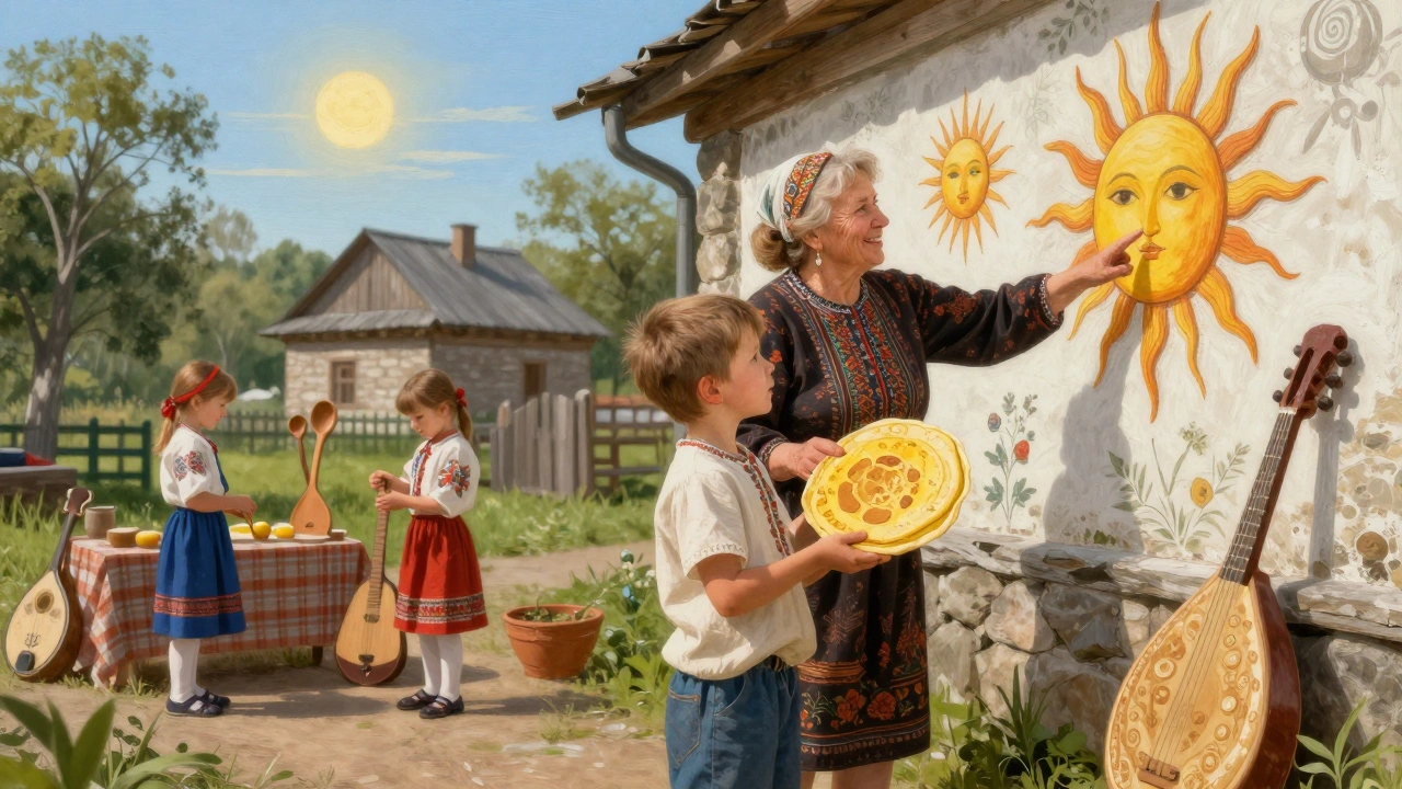 Ребёнок держит лепёшку-блин рядом с бабушкой в парке, где на стене нарисованы солнца и праздничные мотивы.