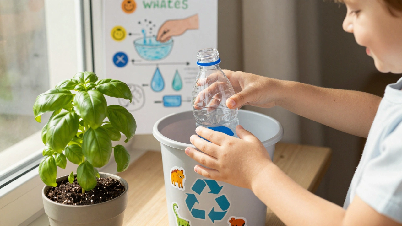 Ребёнок кладёт бутылку в контейнер для переработки, рядом — горшок с базиликом и таблица с наклейками.