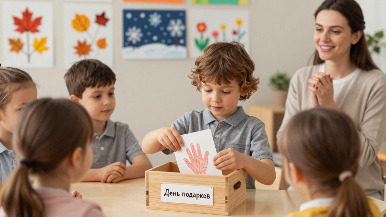 Ребёнок кладёт нарисованную открытку в коробку с надписью 'День подарков'.