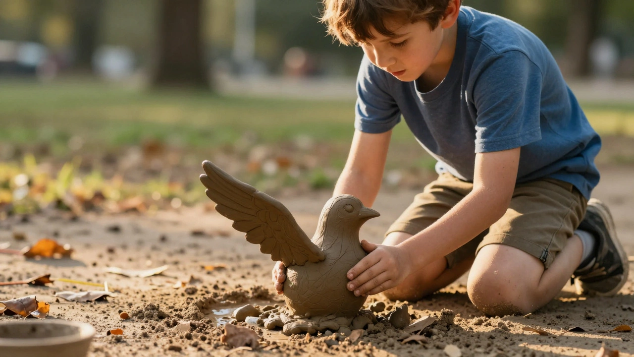 Ребёнок лепит из глины птицу с асимметричными крыльями в парке на закате.