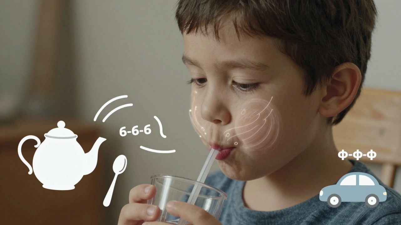 Ребёнок пьёт через соломинку, вокруг — визуализация звуков, укрепляющих речевые мышцы.