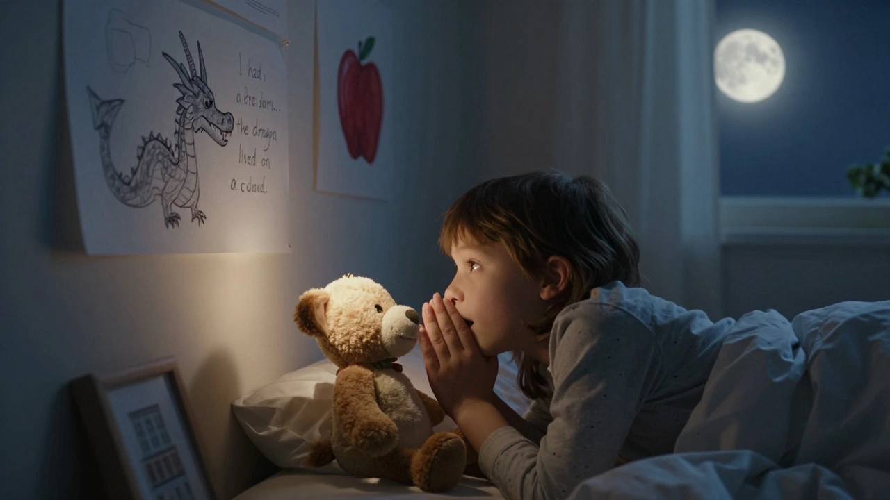 Ребёнок шепчет сказку о драконе на облаке перед сном, в лунном свете.