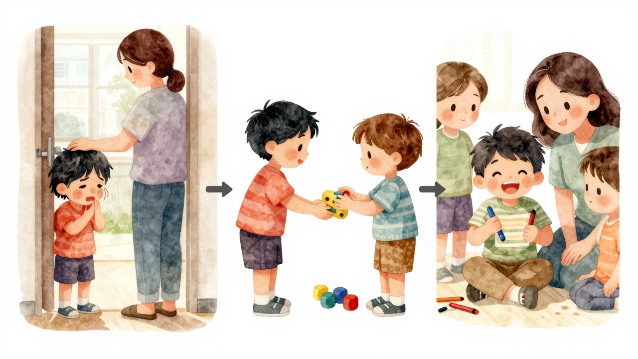 Три сцены: ребенок плачет, затем осторожно играет рядом с другими, и наконец смеется с друзьями — символ адаптации.